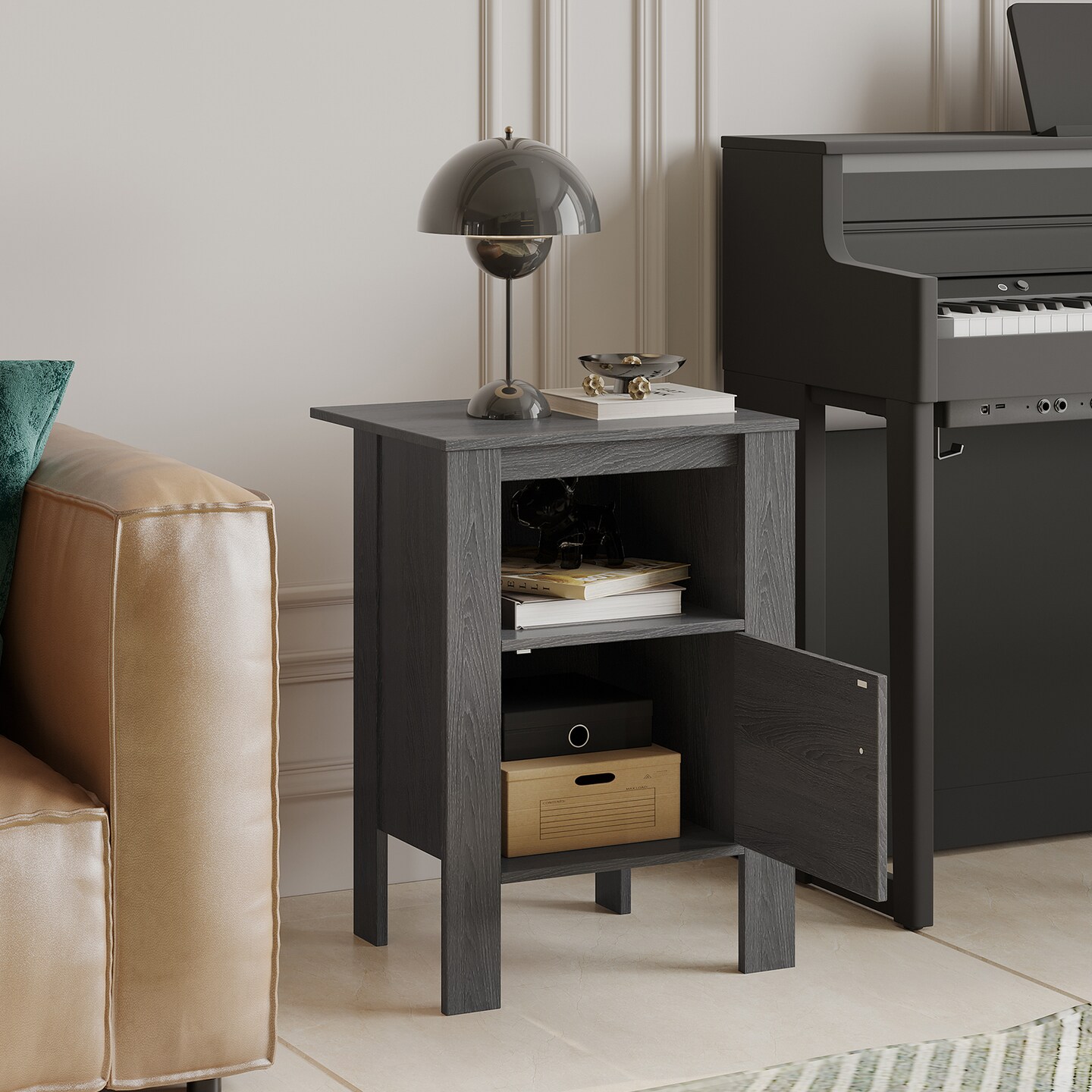 Compact Floor Farmhouse Nightstand with Open Shelf and Cabinet