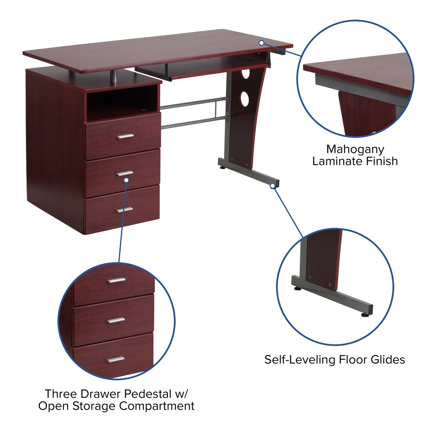 Emma and Oliver Computer Desk with Three Drawer Single Pedestal and Pull-Out Keyboard Tray