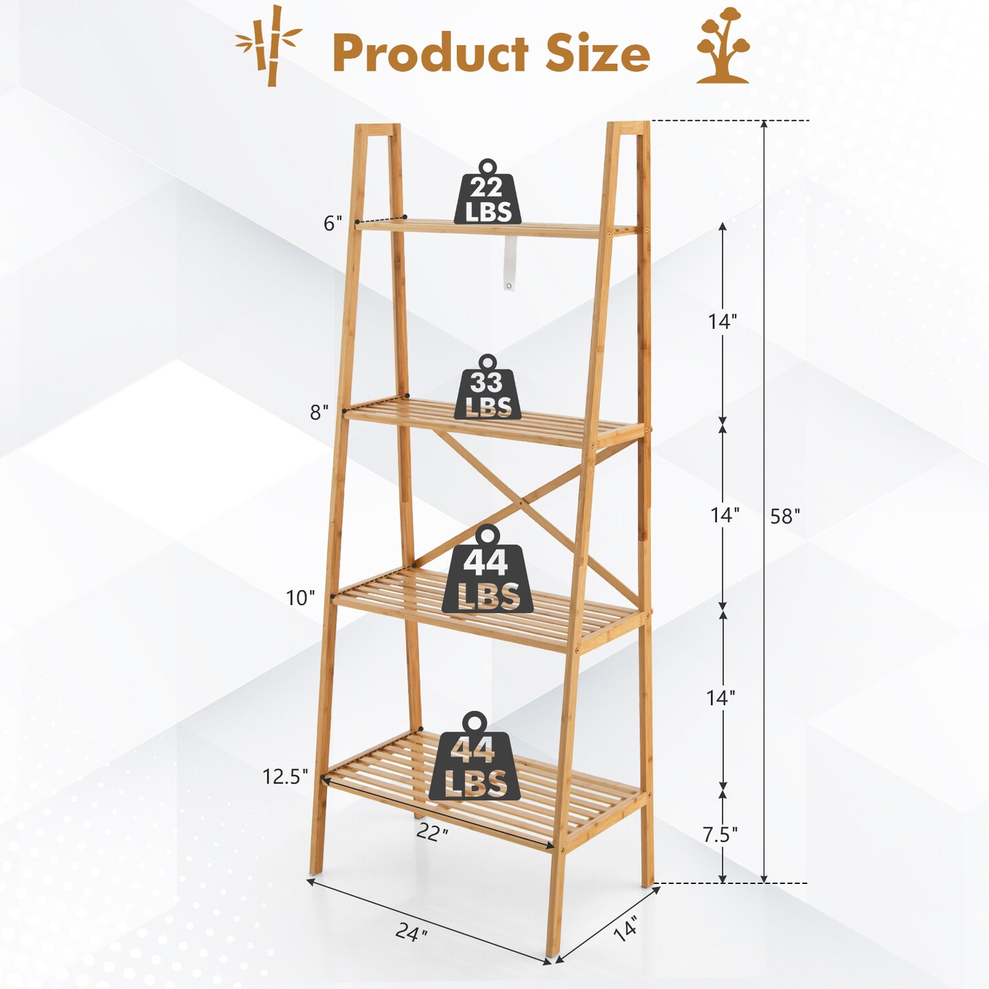 58 Inch 4-Tier Wicker Ladder Bookshelf-Natural