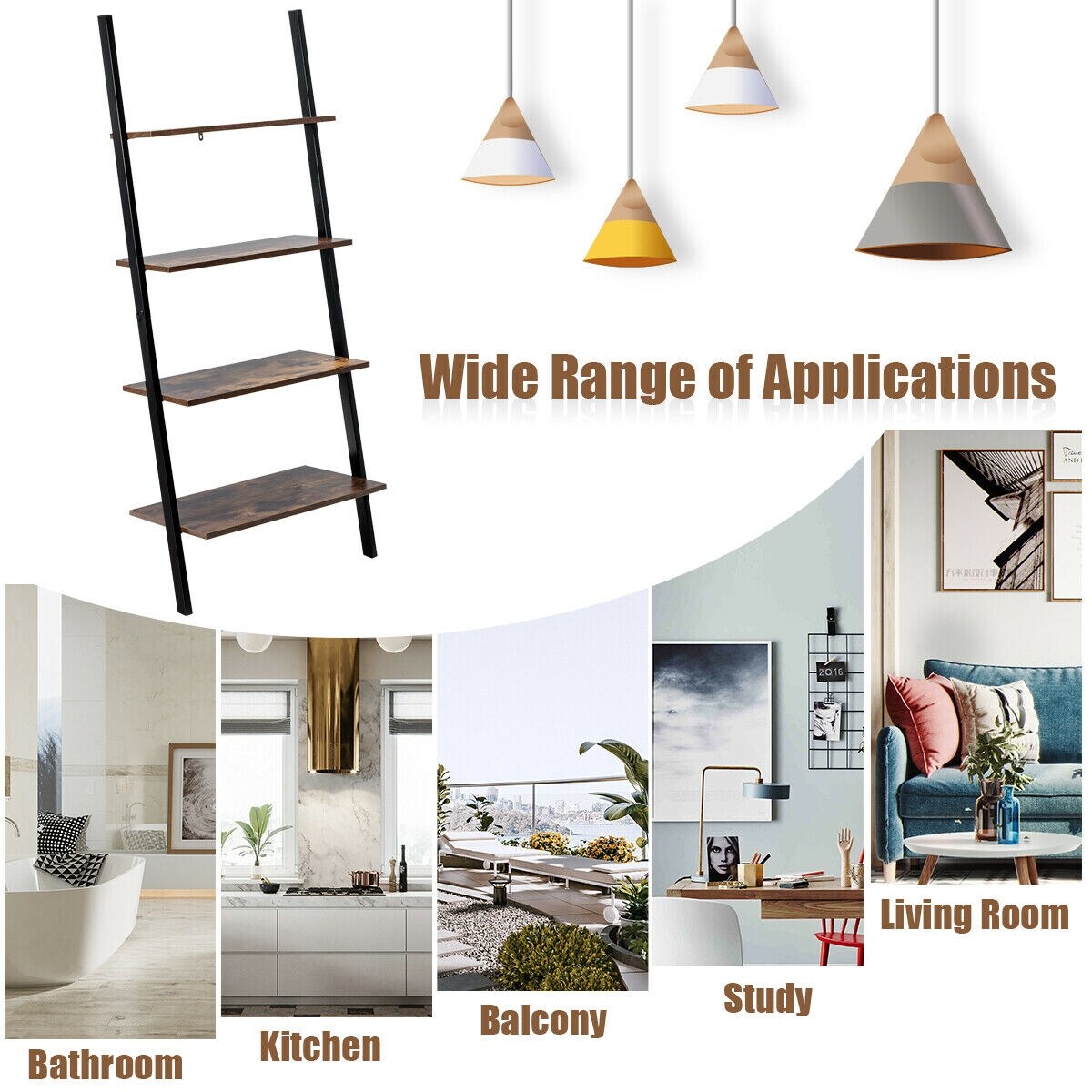 Metal Particle Board 4-Tier Ladder Shelf with Wall Mount