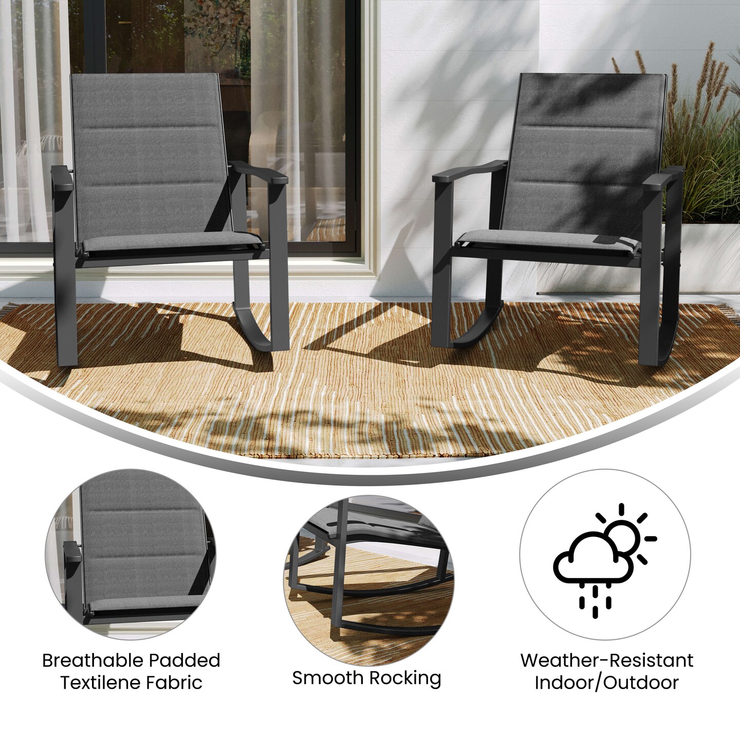 Merrick Lane Brevyn Set of 2 Flex Comfort Outdoor Rocking Chairs with Steel Frames