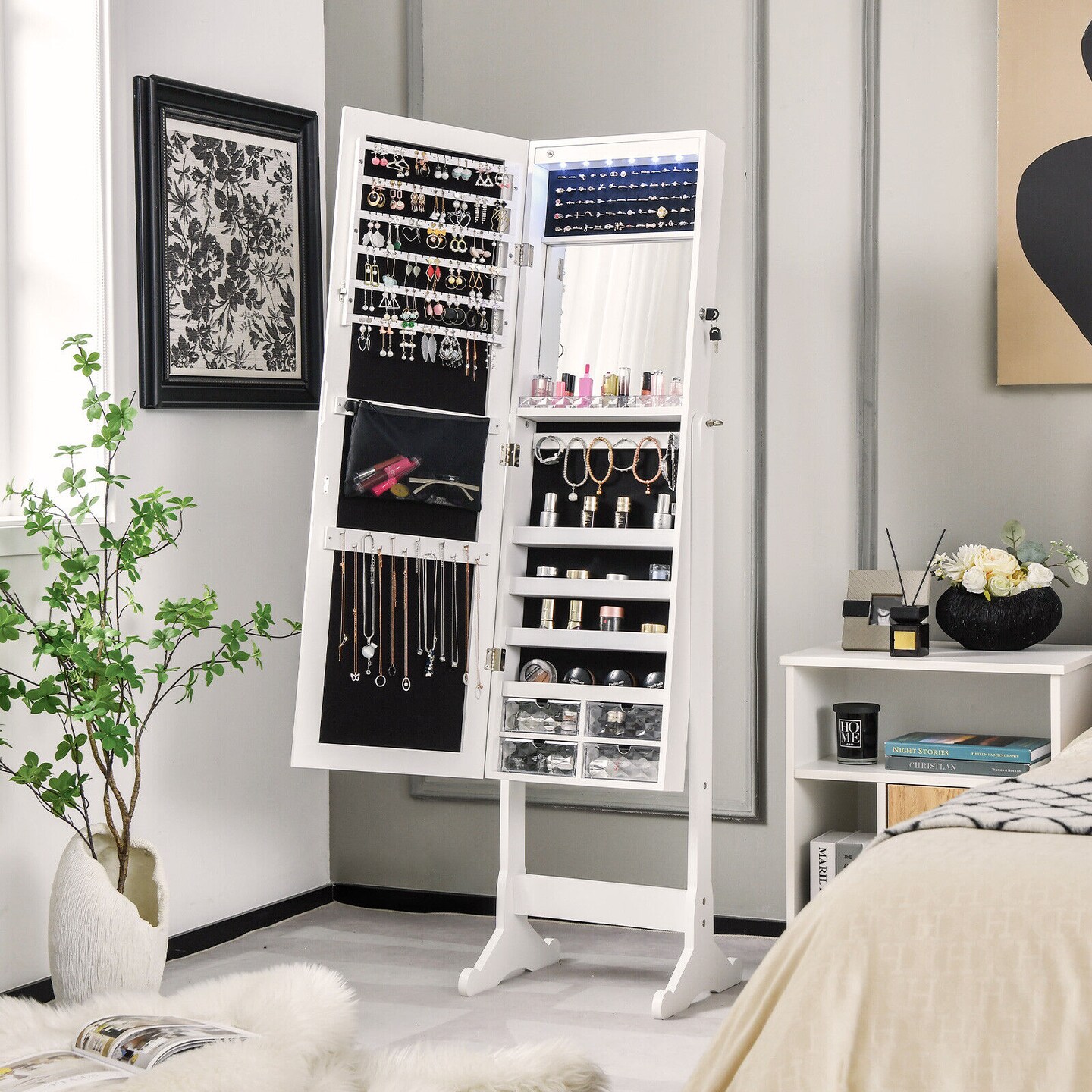 LED Lighted Jewelry Armoire with Full-Length Mirror