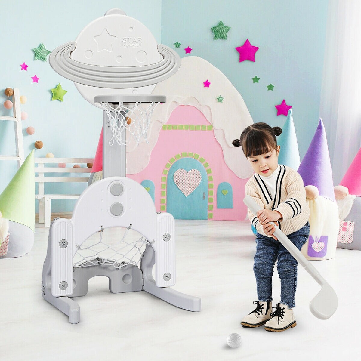 3 in 1 Kids Basketball Hoop Set with 5 Adjustable Height Levels Perfect Gift for Children