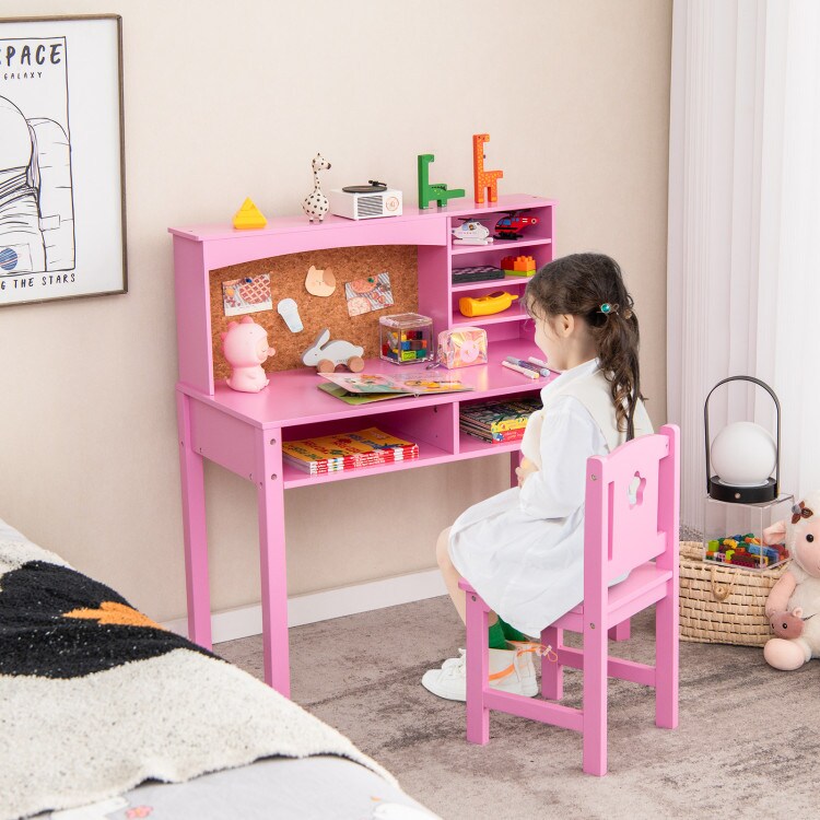 Kids Wooden Desk and Chair Set with 4-tier Storage Shelves and 2 Open Drawers