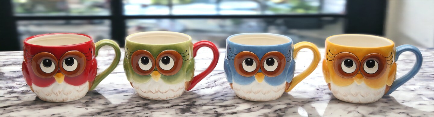Ceramic Set Of 4 Colorful Owl Mugs, Home D&#xE9;cor, Gift for Her, Gift for Mom, Kitchen D&#xE9;cor, Birdwatcher Gift