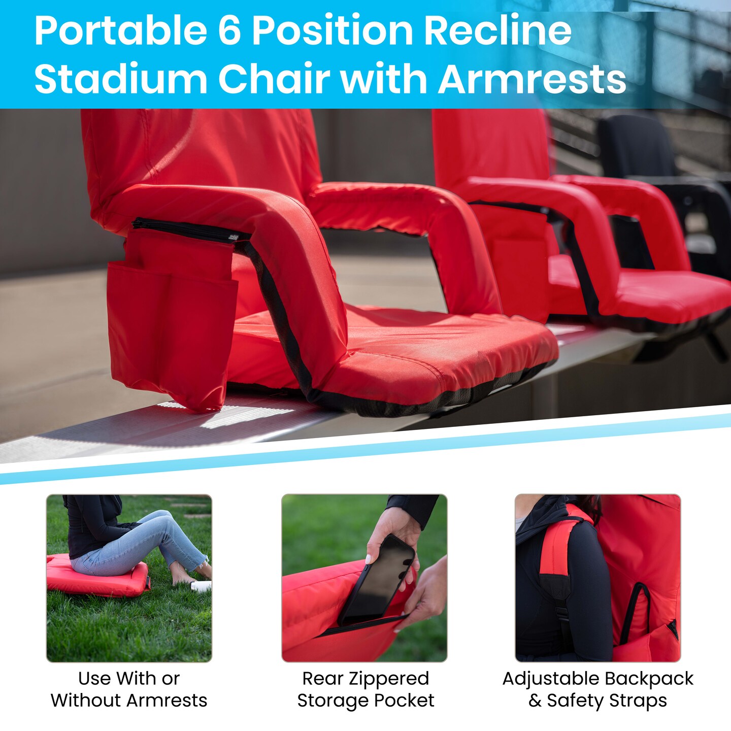 Emma and Oliver Portable Stadium Chair with Armrests, Reclining Padded Back &#x26; Seat, Lightweight Metal Frame &#x26; Backpack Straps, Storage Pockets