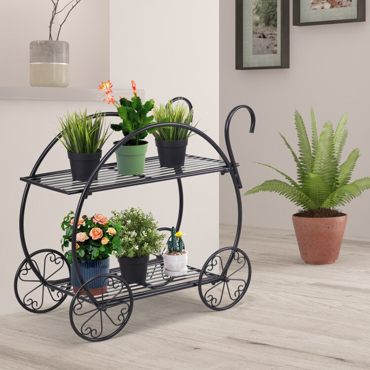 Black Heavy Duty Metal Flower Cart Plant Stand for Indoor-Outdoor Use