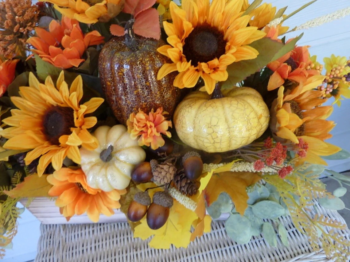 Gift Boutique Fall Pumpkin Centerpiece - Artificial Floral Arrangement With Sunflower, Leaves & Berries, 11 Inch