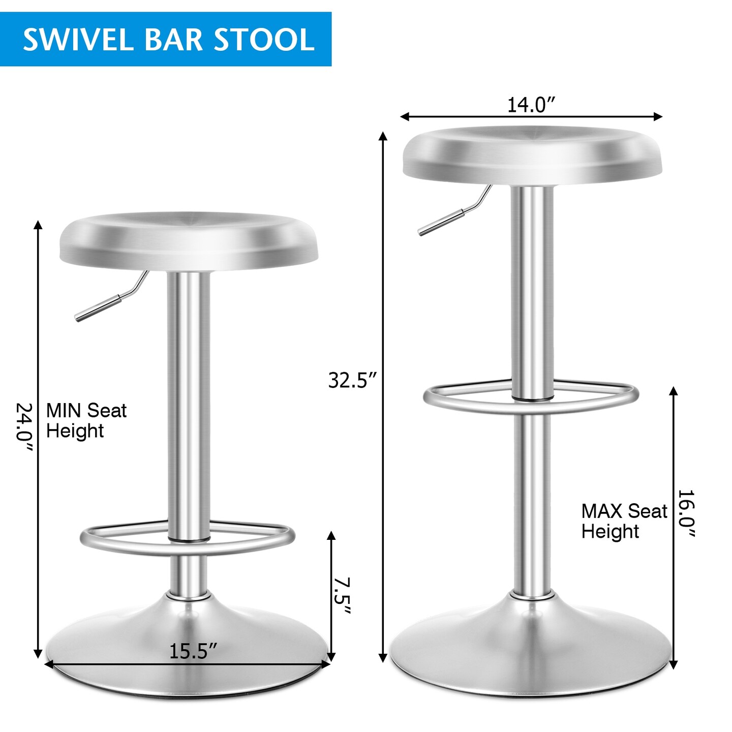 Brushed Stainless Steel Bar Stool Adjustable Height Round Top