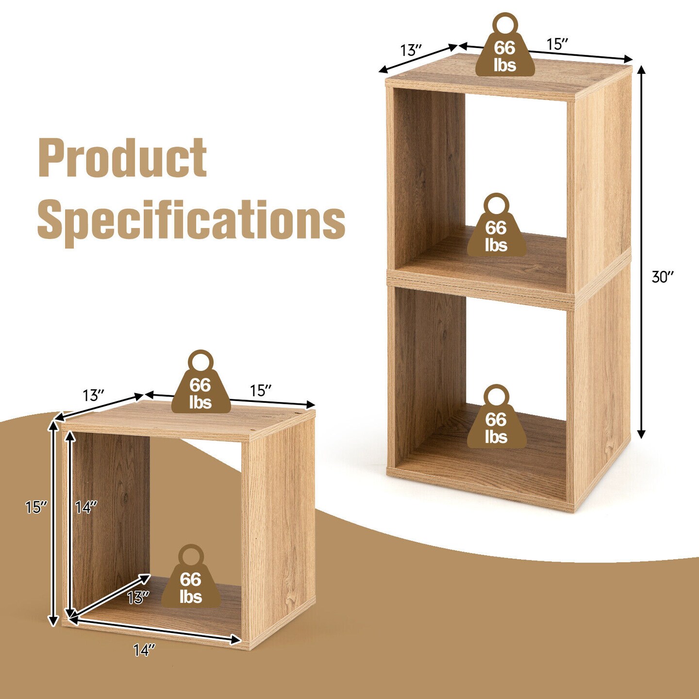 2 Cubes Stackable Bookcase for Living Room and Study-Natural