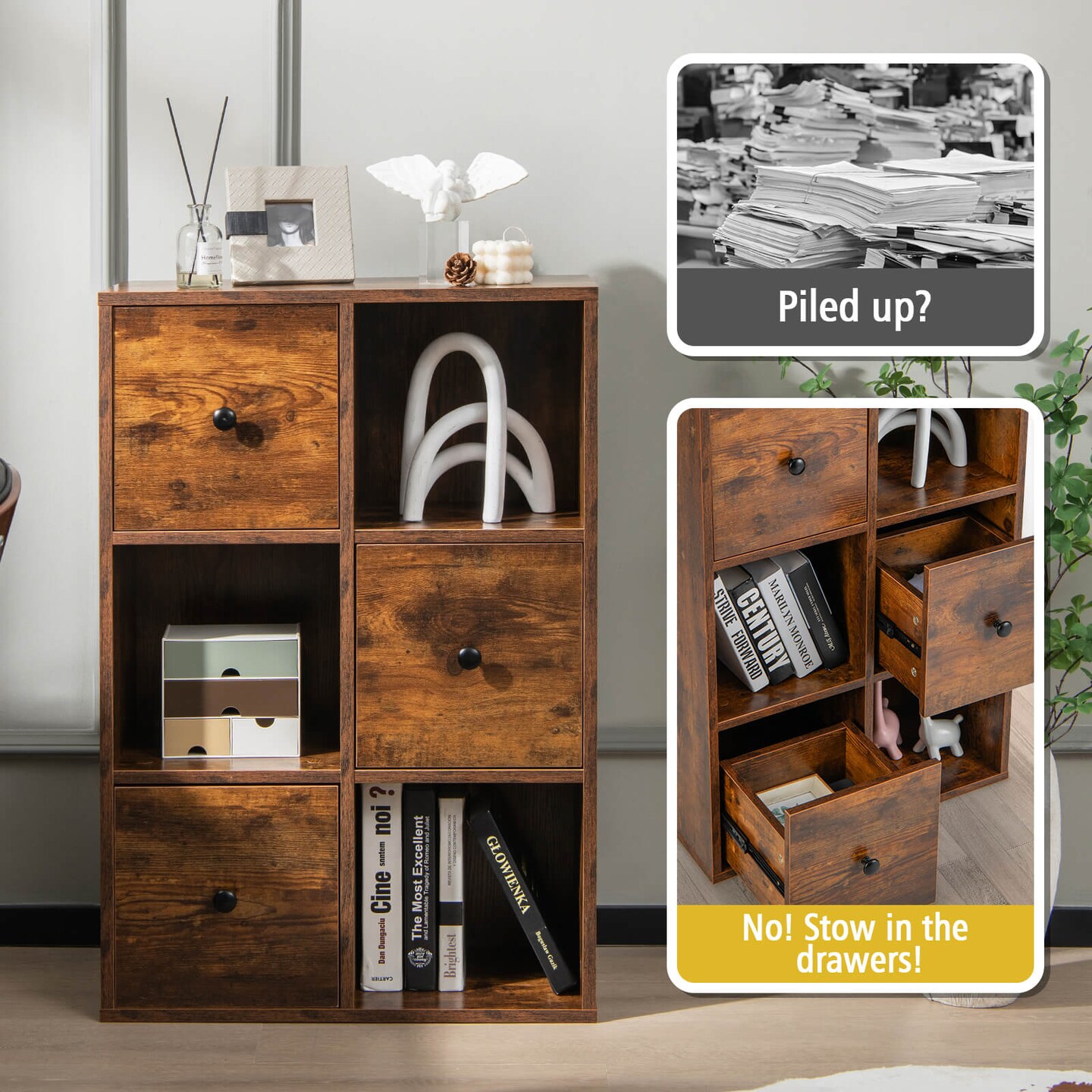 Engineered Wood 3-Tier Bookcase with Drawers for Living Room