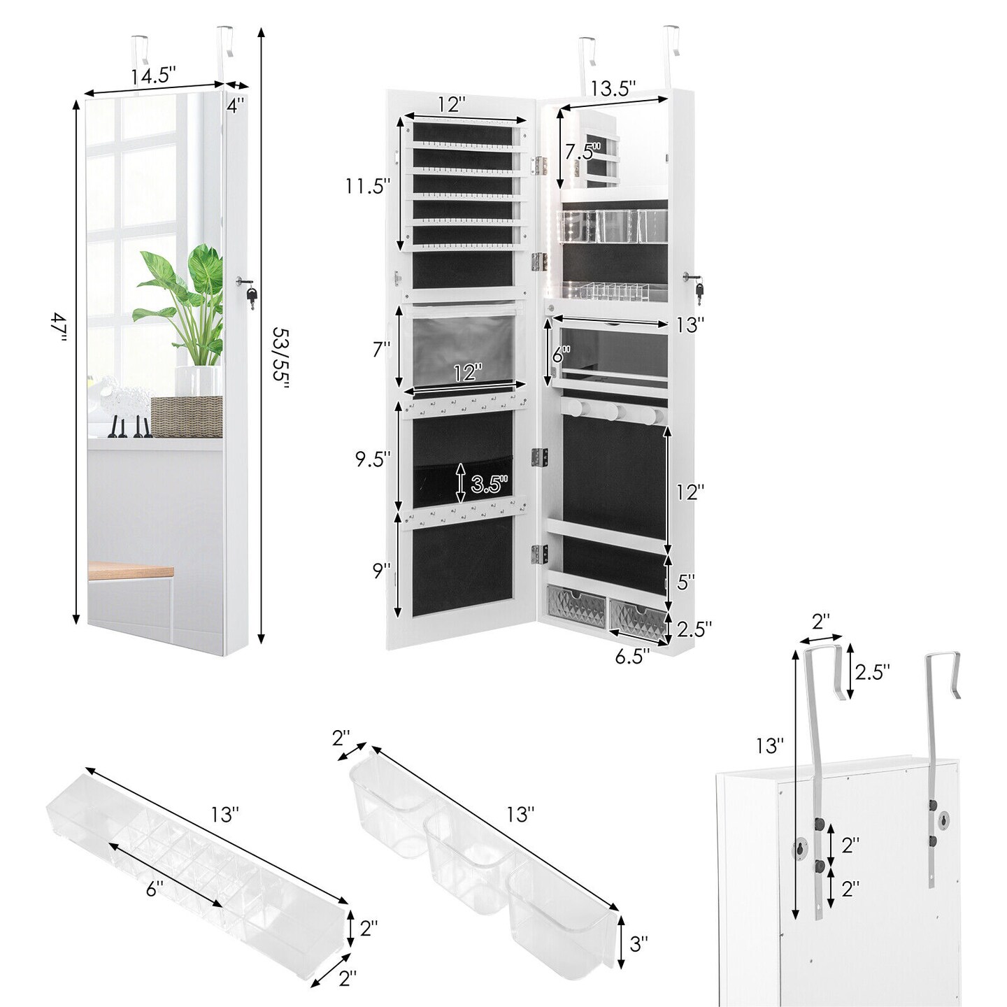 Wall Mounted Full-Length Mirror Jewelry Cabinet with LED Lights and Fold-able Shelf