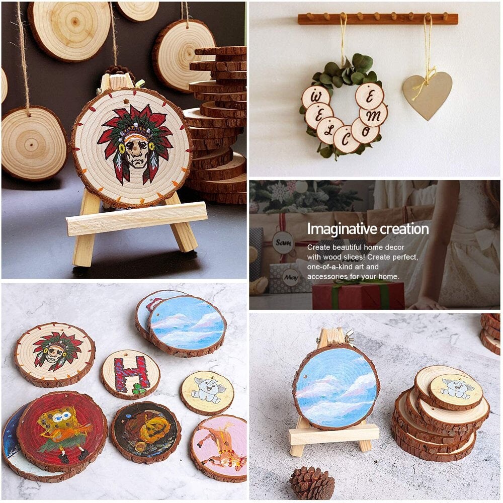 Natural Wood Slices 12 Pcs 3.5-4 Inch Wood Rounds for Crafts, Predrilled  With Hole Unfinished Wood Crafts, Wooden Circles for Crafts Wedding 