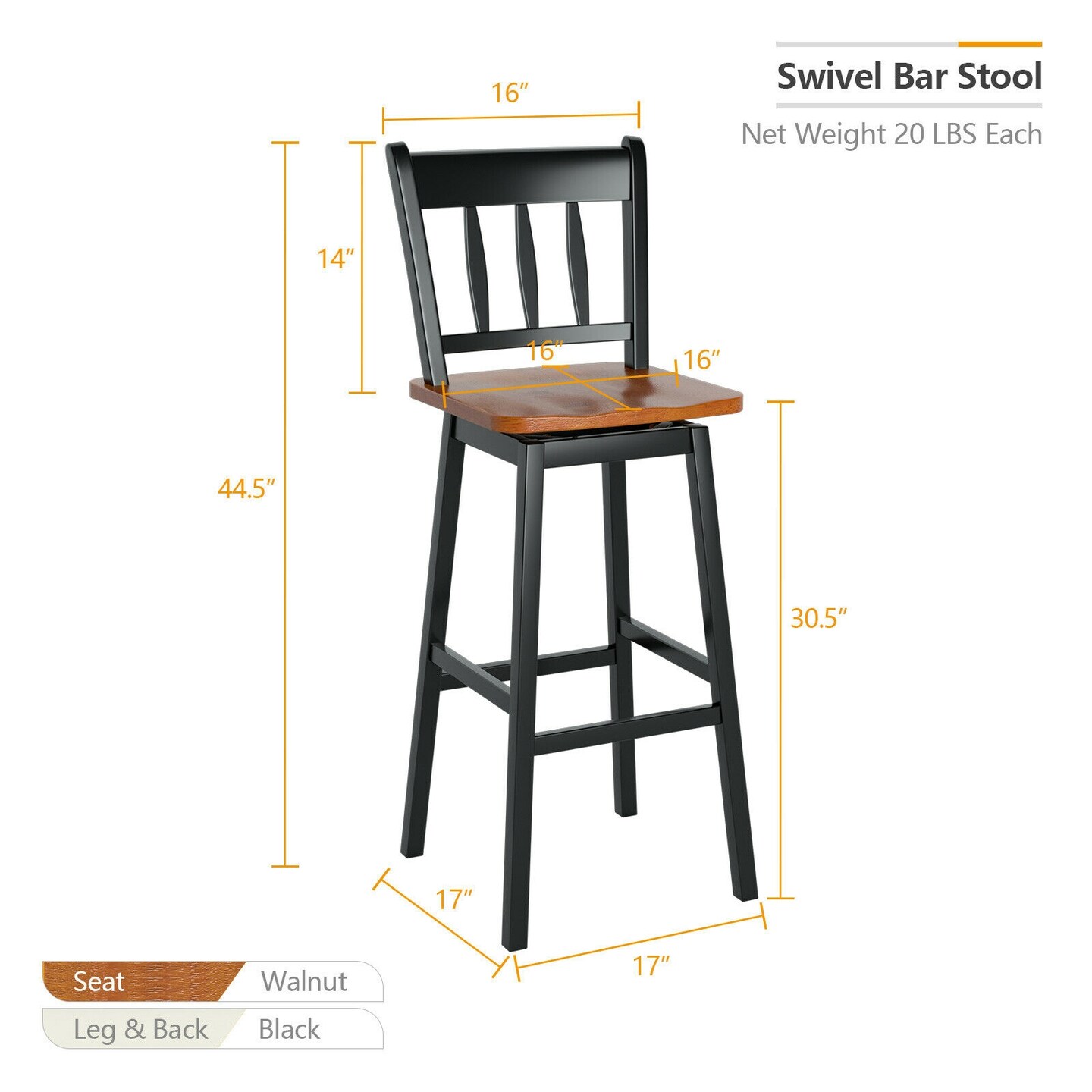 30.5 Inches Set of 2 Swivel Bar Stools with 360&#xB0; Swiveling