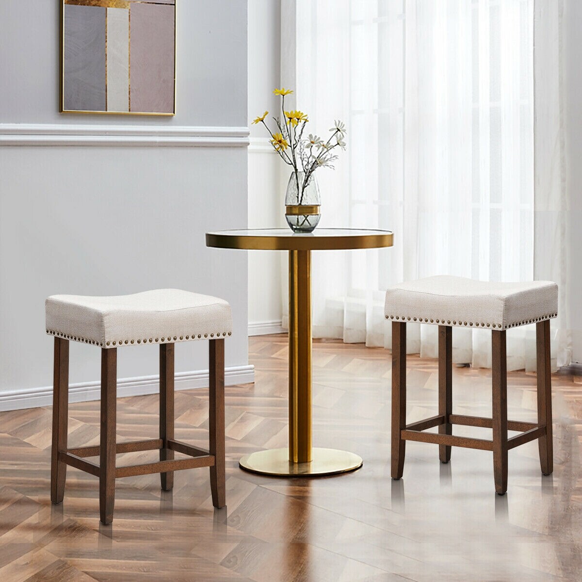 24 Inch Set of 2 Backless Curved Saddle Seat Bar Stools with Nail head Design Ideal for Indoor Seating