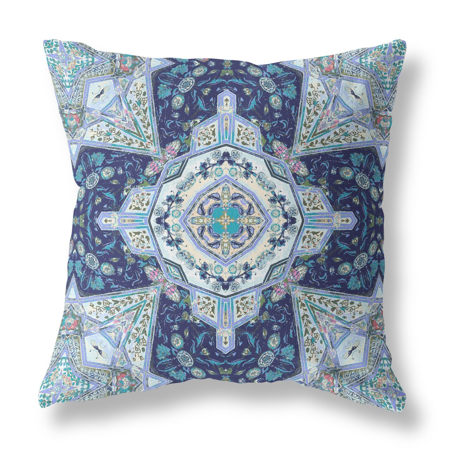 18 Indigo Blue Floral Geo Indoor Outdoor Zippered Throw Pillow