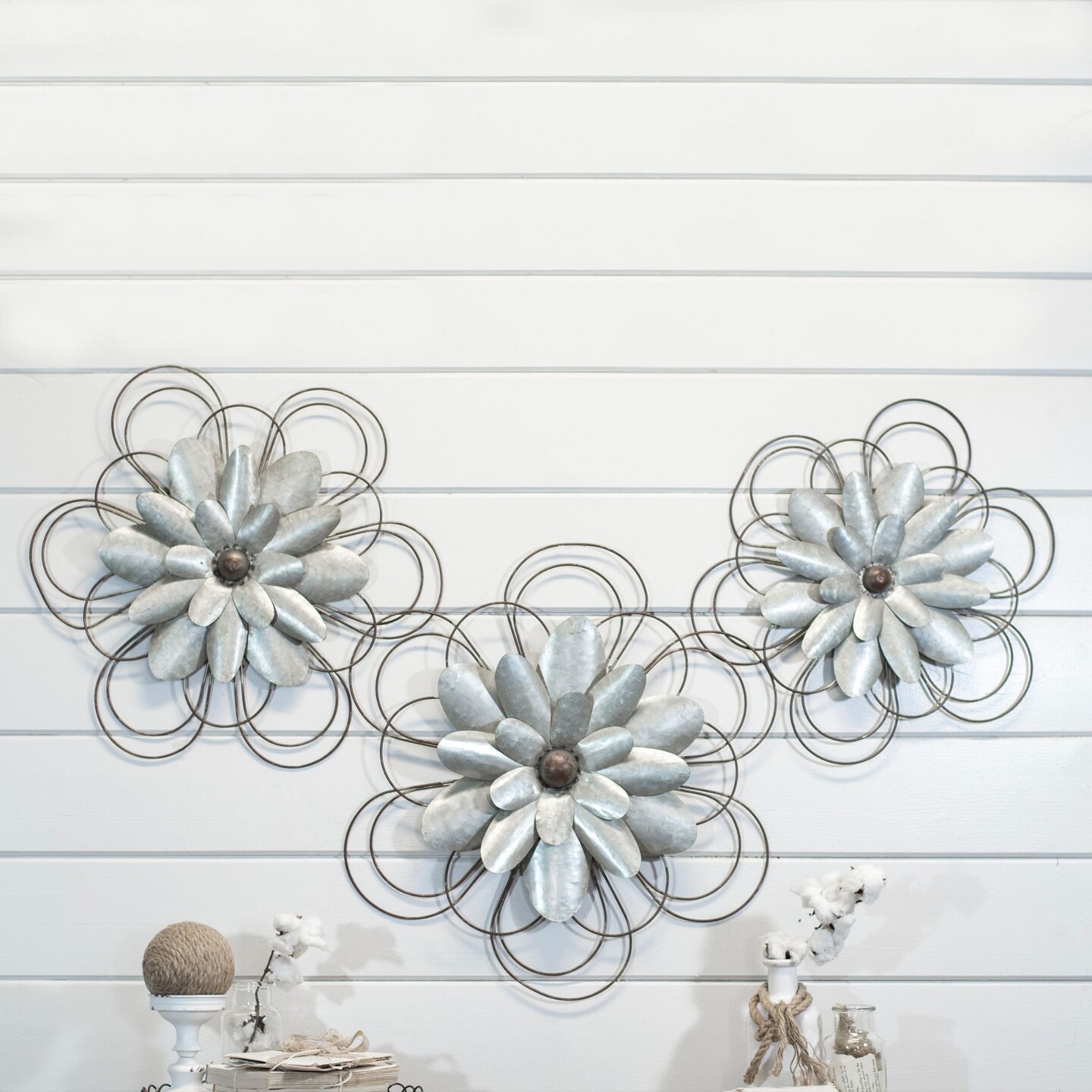 Creative Design Set of 3 Silver and Brown Galvanized Flowers Outdoor Wall Decors 26&#x22;