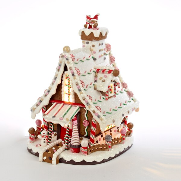CC Christmas Decor 12&#x22; White and Brown Lighted Candy-trimmed Gingerbread House Table Top Christmas Decoration