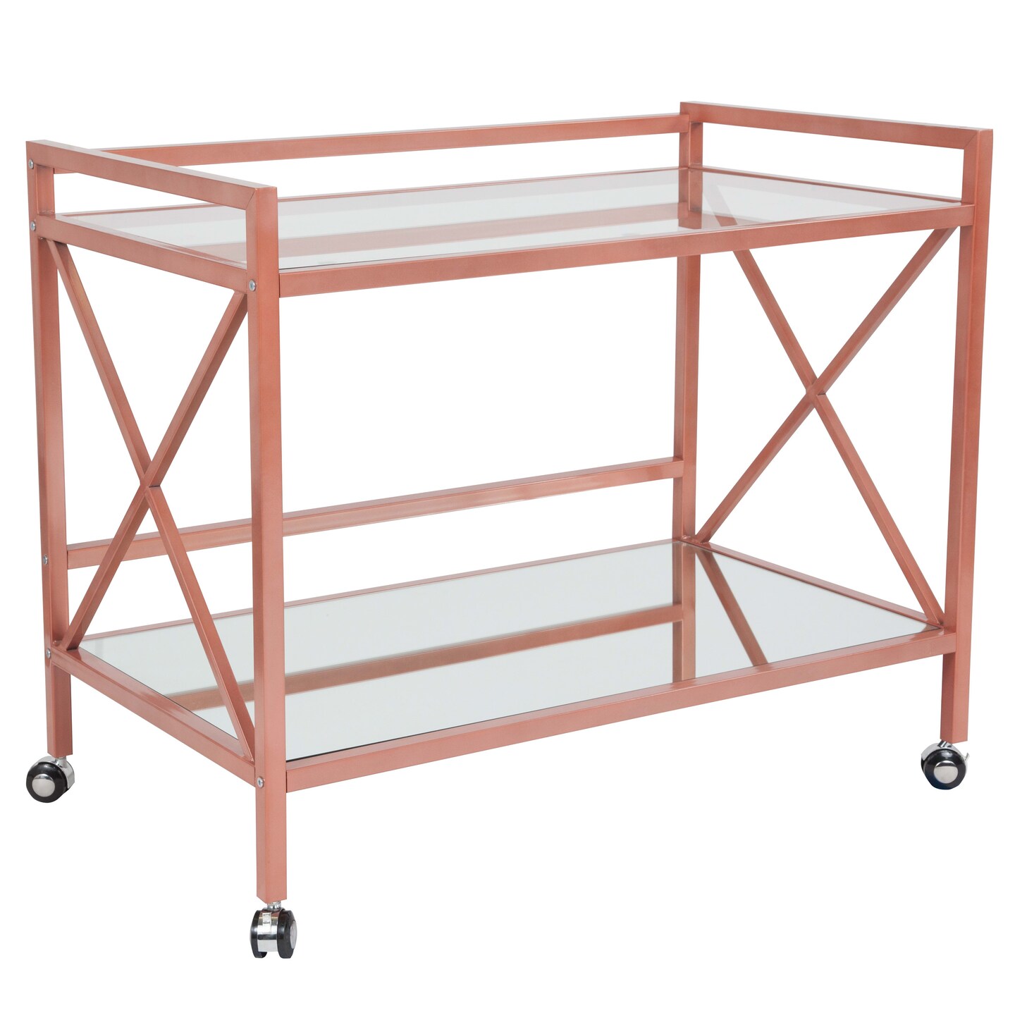 Merrick Lane Belmount Rolling Bar Cart Contemporary Kitchen Serving Cart with Mirrored Bottom Shelf and Crisscross Metal Frame
