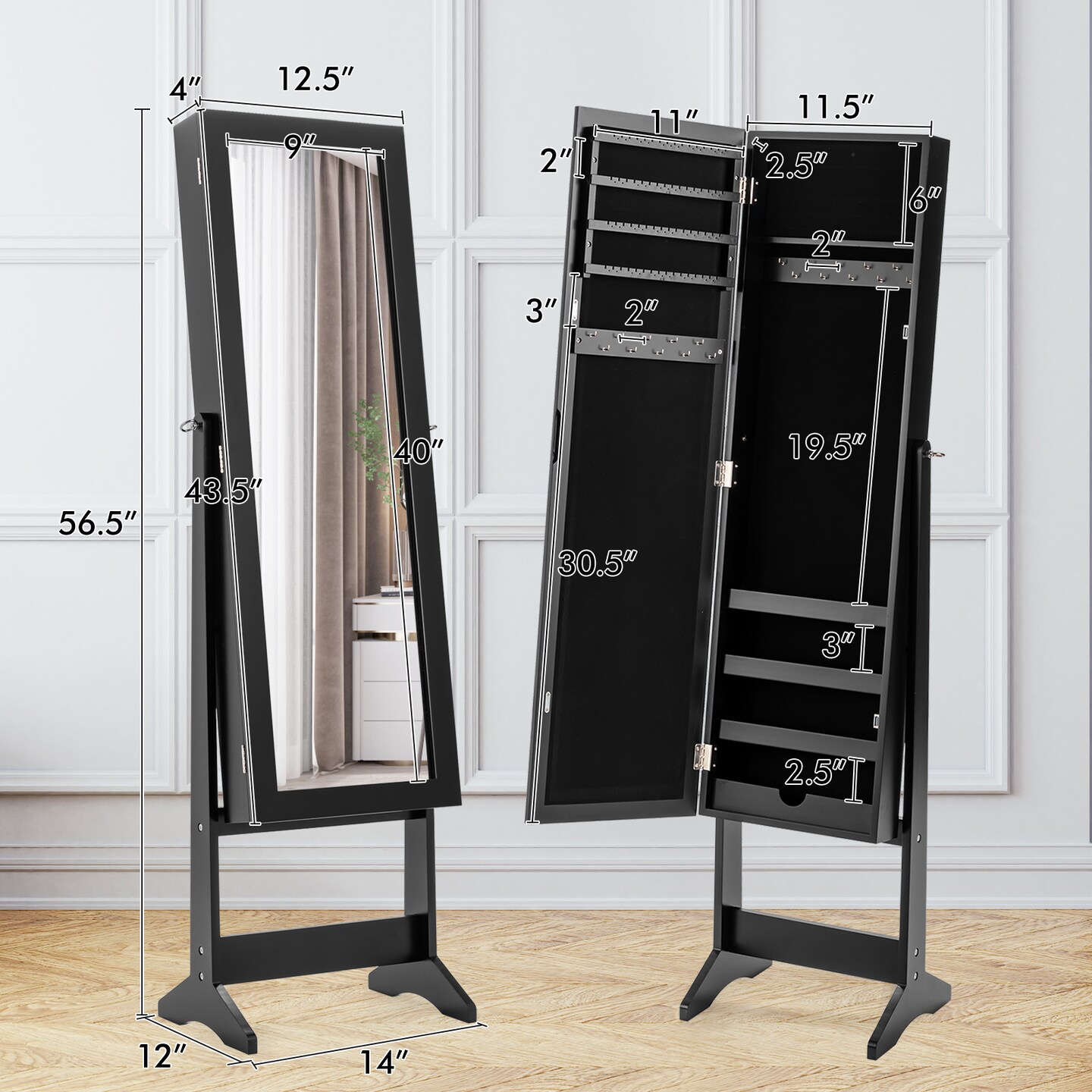 Full Length Mirrored Standing Jewelry Cabinet Storage Box