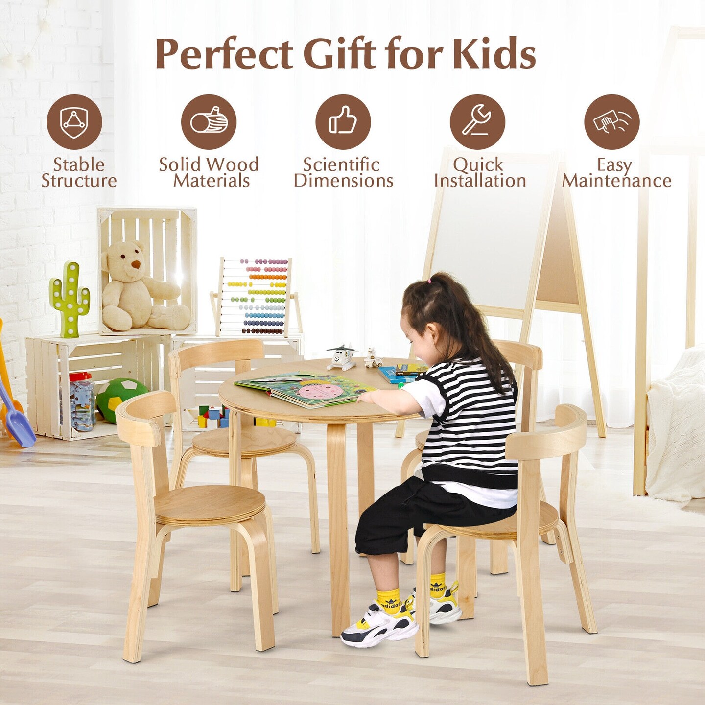 5-Piece Kids Wooden Curved Back Activity Table and Chair Set with Perfect Gift for Kids