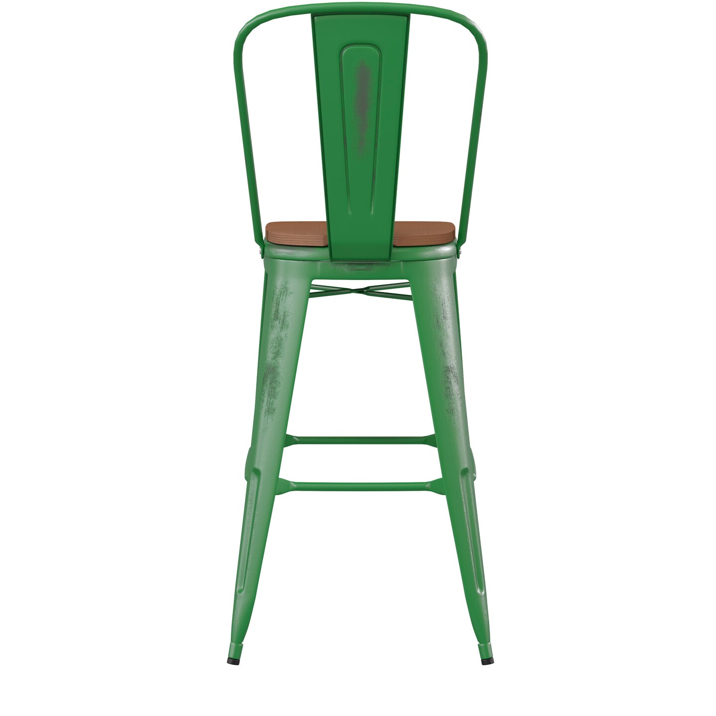 Emma and Oliver Nova Distressed Metal Stools with Backs and Polystyrene Seats for Indoor/Outdoor Use