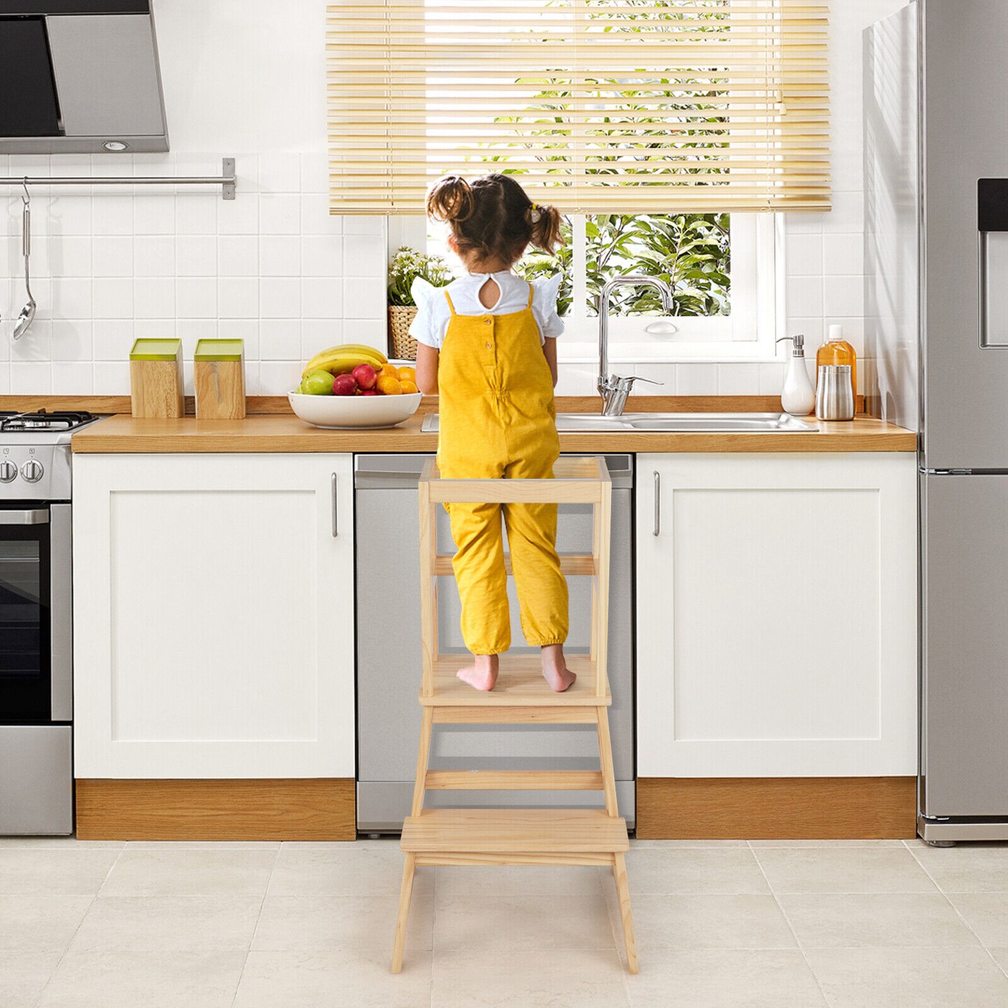 2-in-1 Multifunctional Wooden Kids Step Stool with Safety Guardrail and Wide Platform