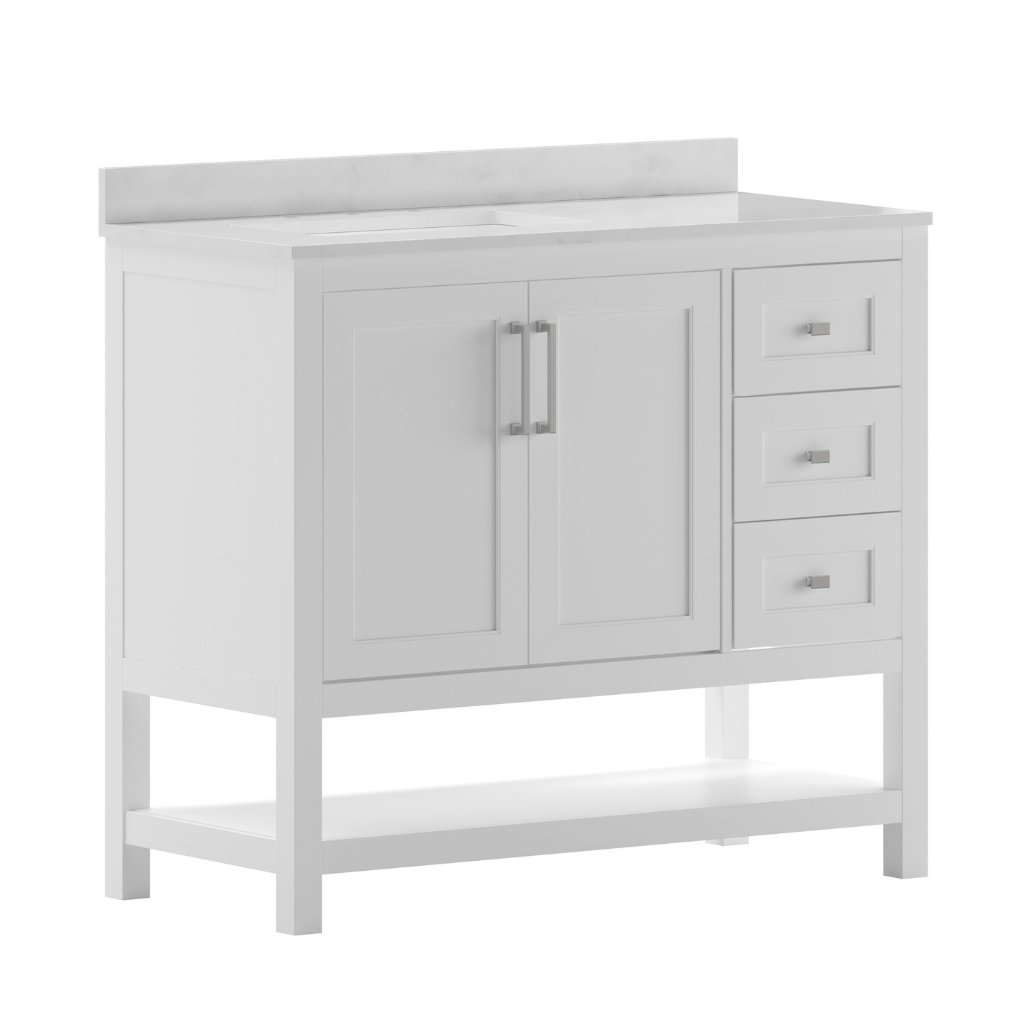 Merrick Lane Vigo Bathroom Vanity with Ceramic Sink, Carrara Marble Finish Countertop, Storage Cabinet with Soft Close Doors, Open Shelf and 3 Drawers