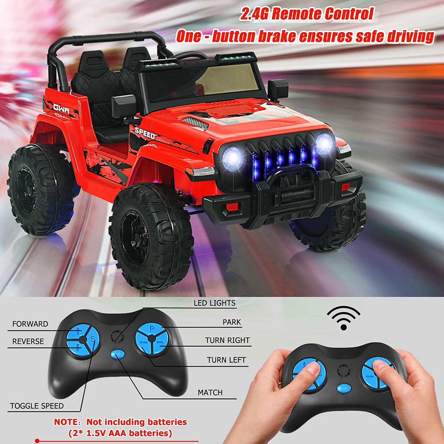 12V Kids Ride-on Jeep Car with 2.4 G Remote Control and LED Light Effects