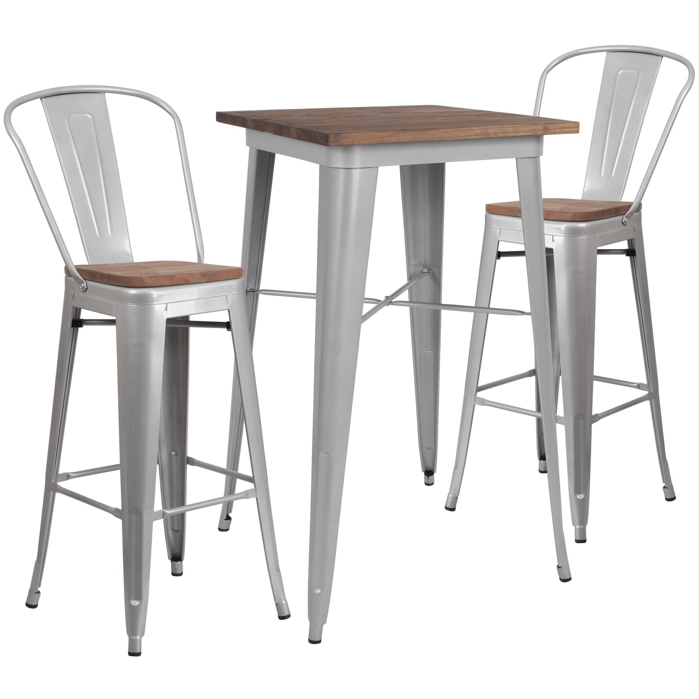 Emma and Oliver 23.5" Square Metal/Wood Bar Table Set - 2 Stools