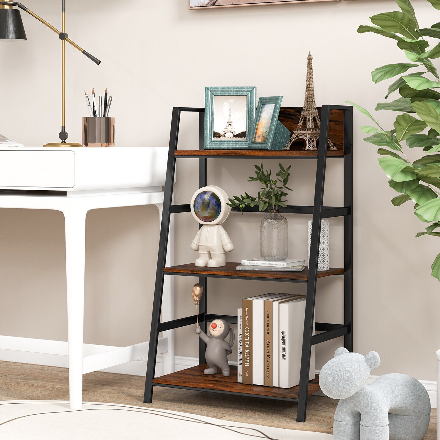 Ladder Shelf 3 Tier Open Storage for Living Room Rustic Brown Black