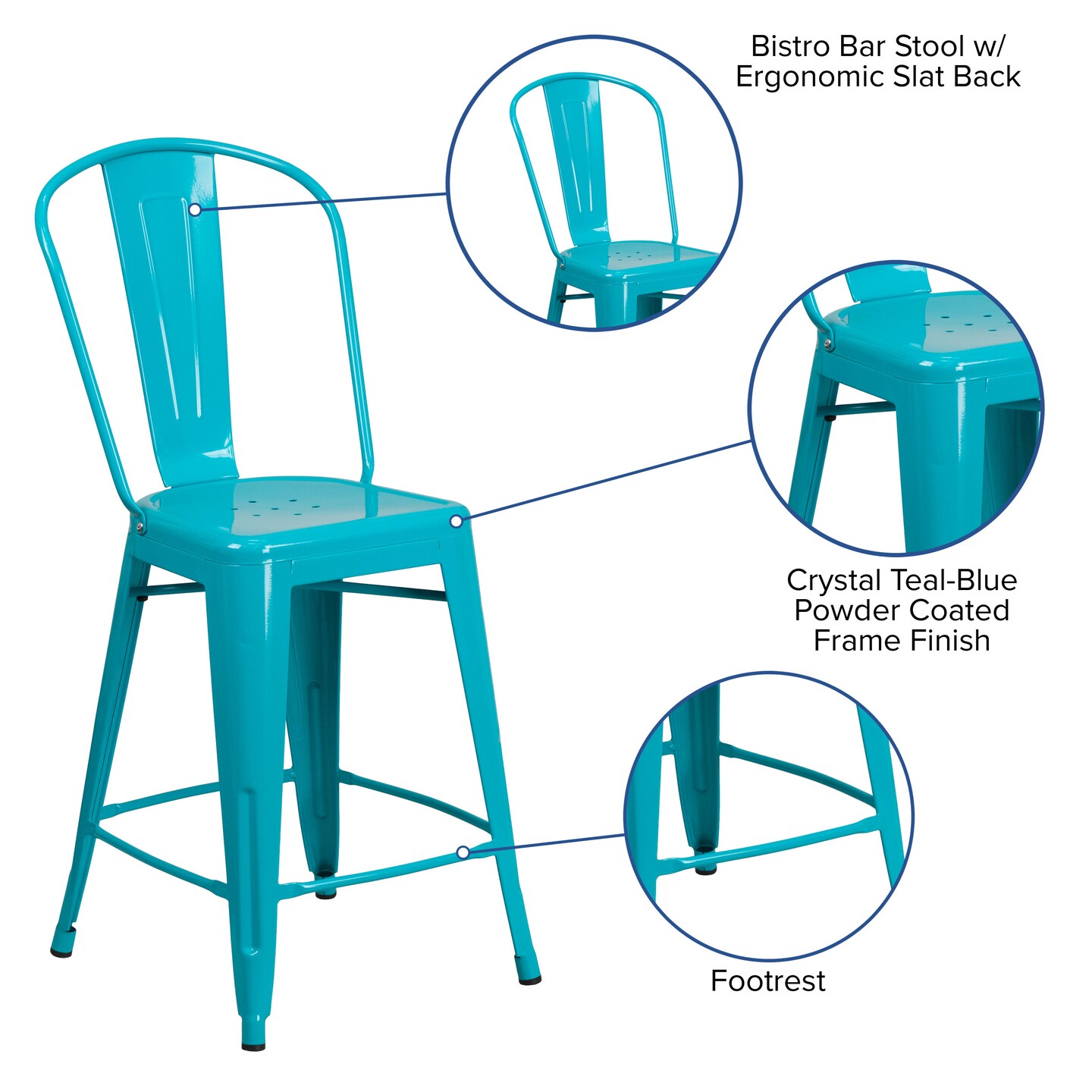 Merrick Lane Stella 24&#x22; Metal Indoor-Outdoor Counter Stool with Vertical Slat Back and Integrated Footrest