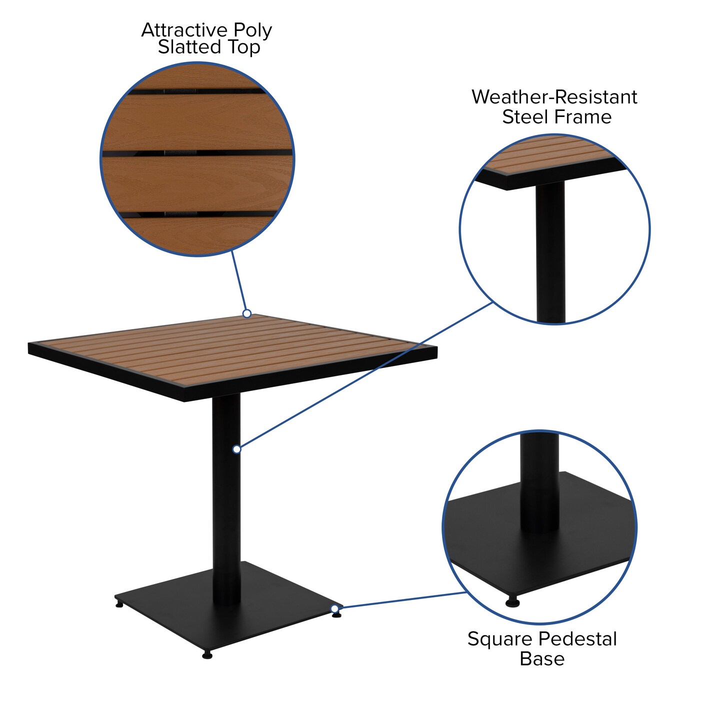 Merrick Lane Kersey Outdoor Patio Table All-Weather 30&#x22; Square Dining Table with Faux Teak Poly Slats - Steel Frame