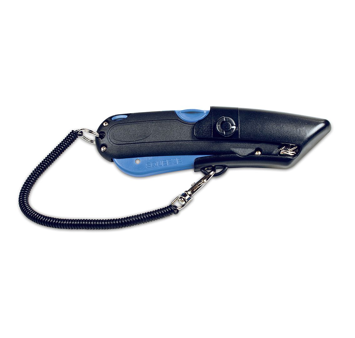 Garvey Box Cutter Knife with Shielded Blade Storage Compartment, Self-Retracting Cutter with Belt Holster for Boxes, Carboard, Cartons and Plastics, Black and Blue (091524)