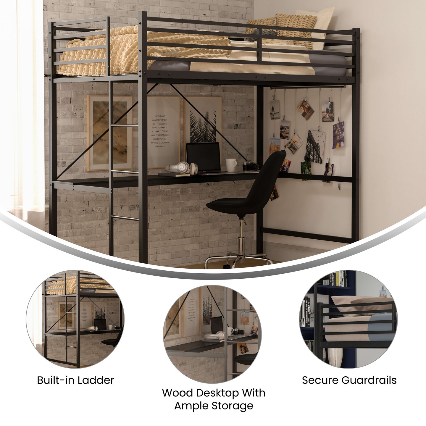 Emma and Oliver Jensen Metal Loft Bed Frame with Desk, Protective Guard Rails and Ladder for Kids, Teens and Adults