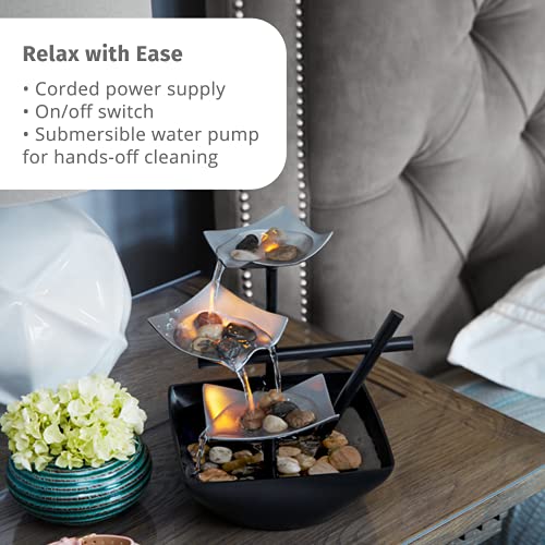 Tabletop Water Fountain, Home Décor Soothing Sound Machine with Automatic Pump, Deep Basin and Natural River Rocks. Indoor Zen Relaxation for Office, Living Room, or Bedroom Décor. 8.25” Tall