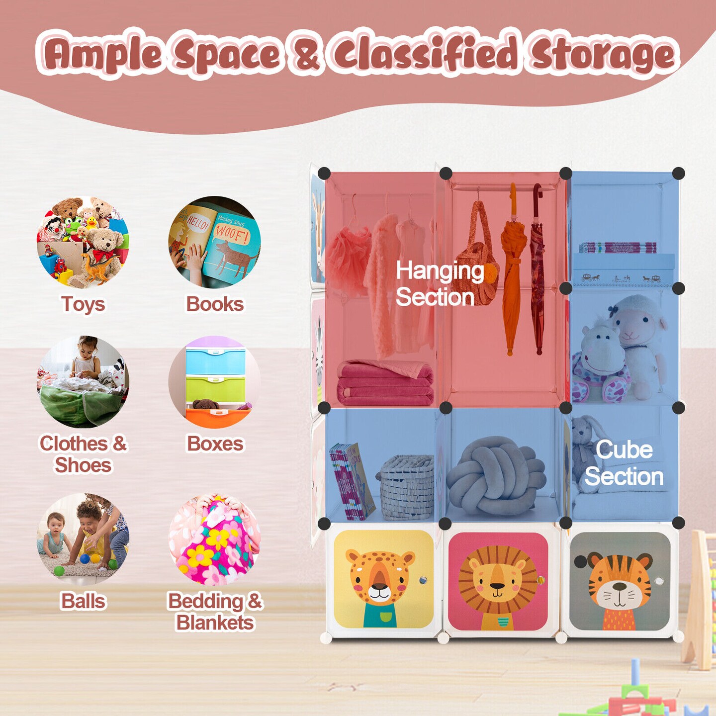 Kids Portable Multi-Cube Closet Storage Cabinet with Cartoon Doors and Sturdy Metal Wires Connections