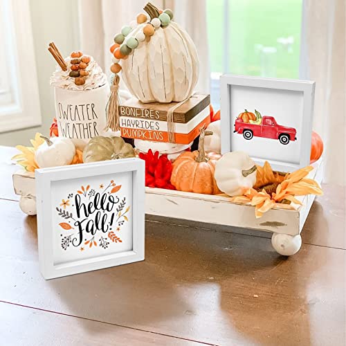 Fall Home Decor Fall Tiered Tray Decor Hello Fall Signs Set of 3 Frames and 36 Interchangeable Sayings Design for Fall Holiday Decoration with Modern White Wooden Frames Fall Decorations for Living Room Table and Wall Decor