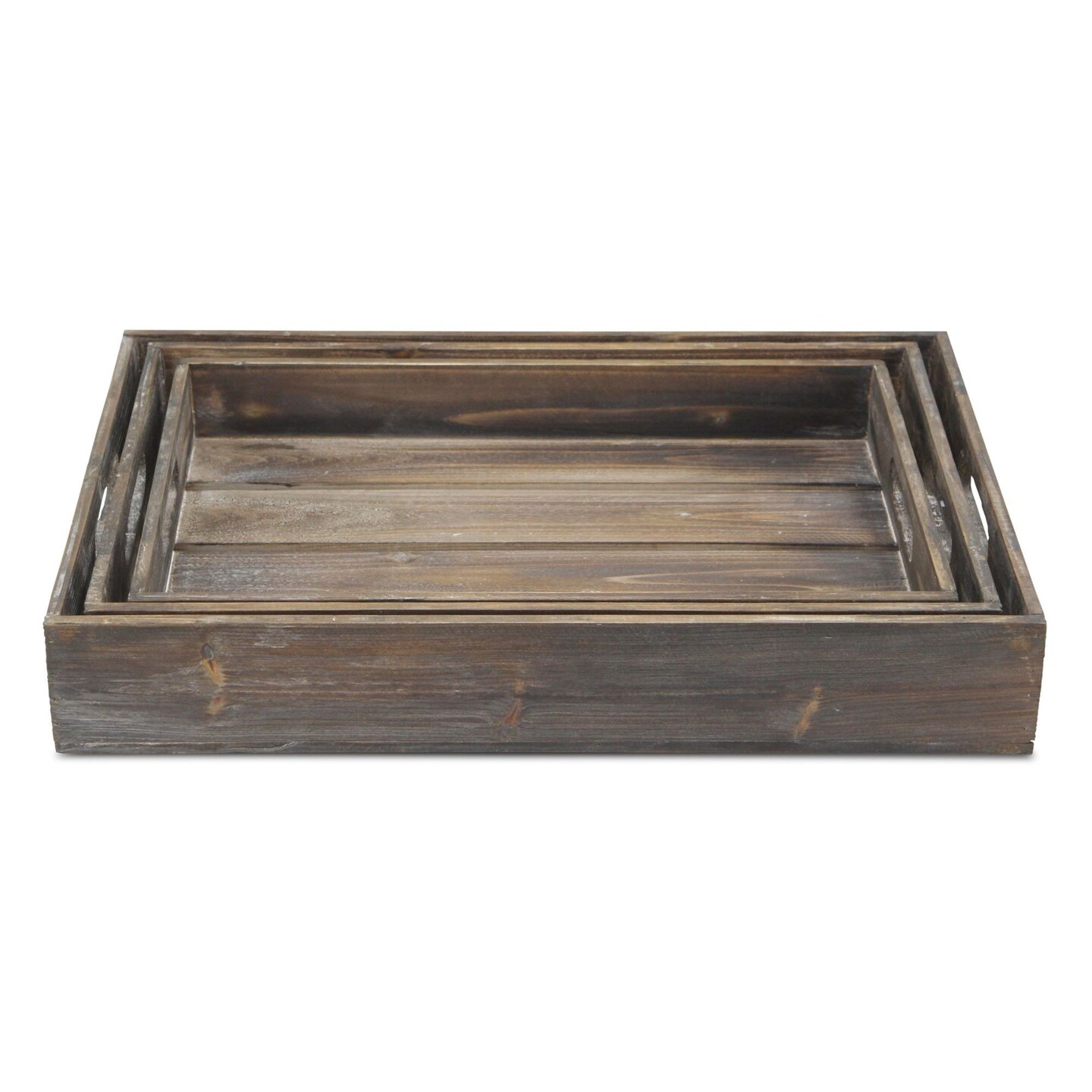 Contemporary Home Living Set of 3 Brown Handmade Rectangular Slatted Trays 19.25&#x22;