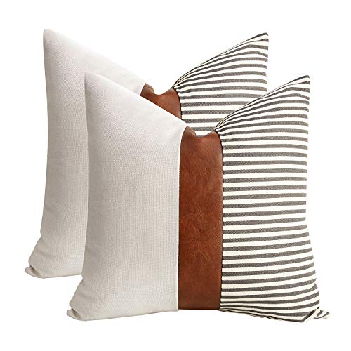 cygnus Set of 2 Farmhouse Decor Stripe Patchwork Linen Throw Pillow Covers,Modern Tan Faux Leather Accent Pillow Covers 18x18 inch,Gray