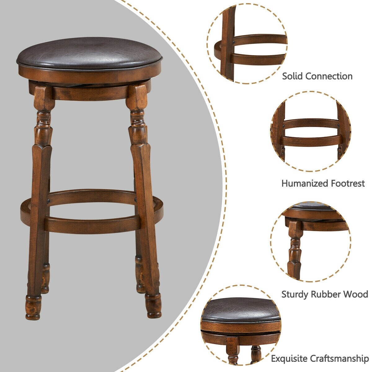 Set of 2 Swivel Leather Padded Bar Dining Stool with Footrest