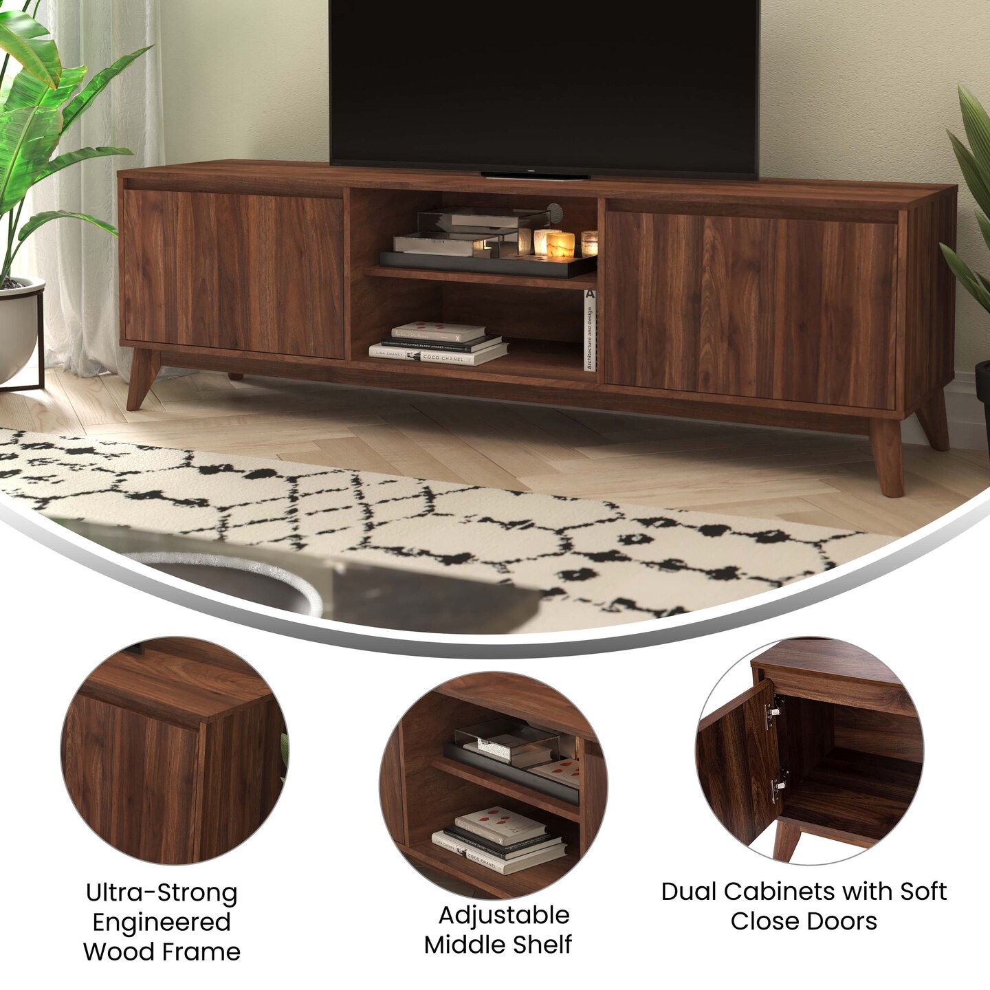 Emma and Oliver Beverly Mid-Century Modern Wooden TV Stand with Soft Close Doors, Shelf, Cord Management Hole and Tapered Legs
