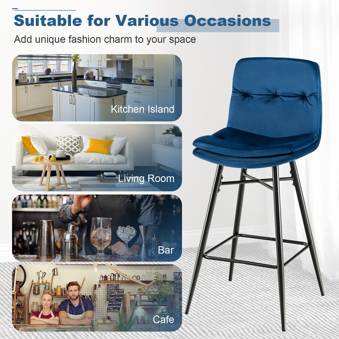 29 Inch Velvet Bar Stools Set with Tufted Back and Footrests- Set of 2