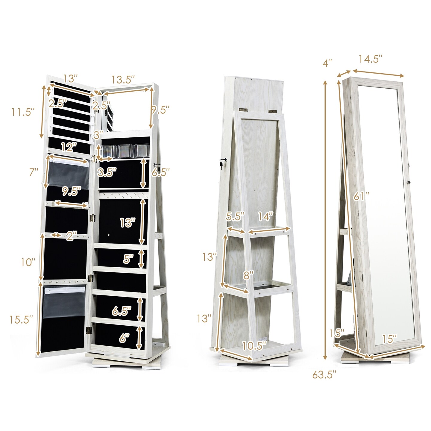 360° Rotatable Armoire 2-in-1 Lockable Mirrored Jewelry Cabinet