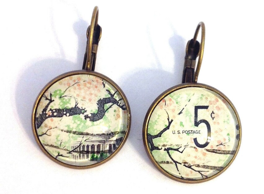 1966 United States Stamp - "Plant for a More Beautiful America" Cherry Blossom - Postage Stamp Earrings
