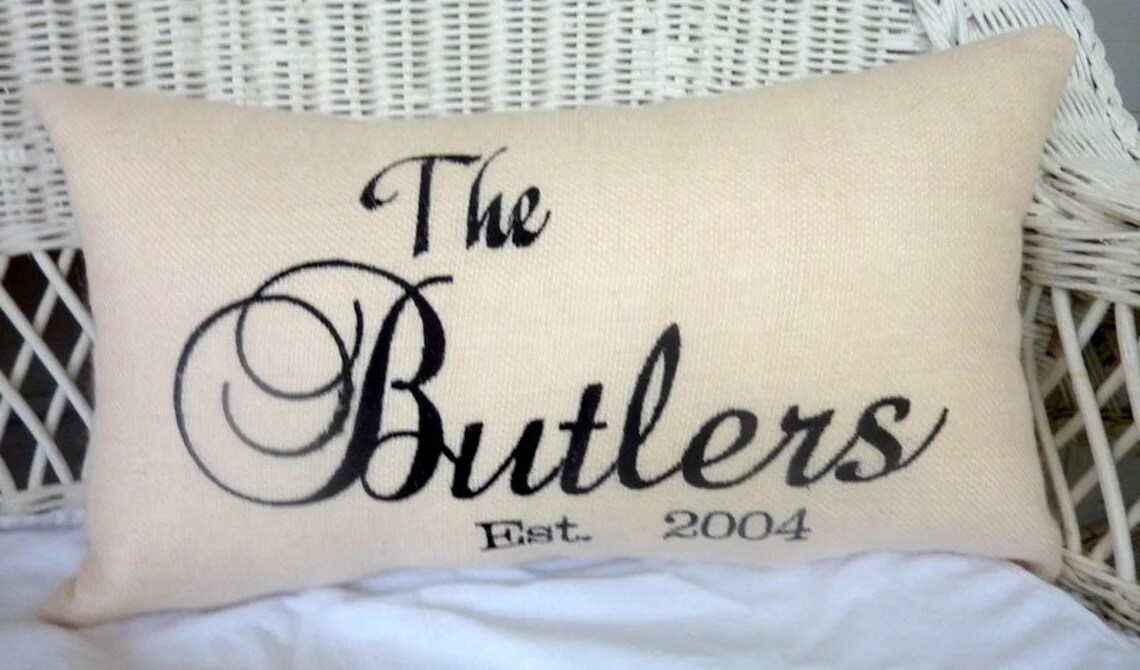 Embroidered Burlap pillow cover, Personalized Wedding Gift, name - Main Image