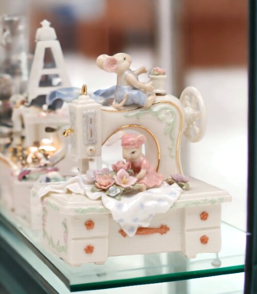 Hand Crafted Ceramic Mice With A Sewing Machine Music Box
