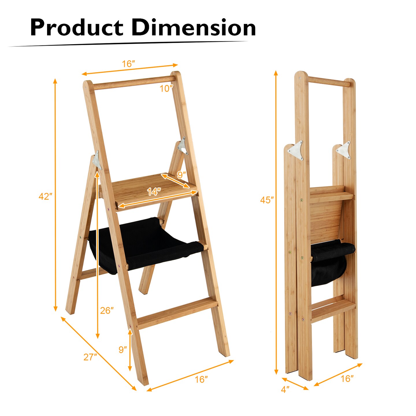 3 Step Fold-able Wicker Step Ladder Stool with Tool Storage Bag