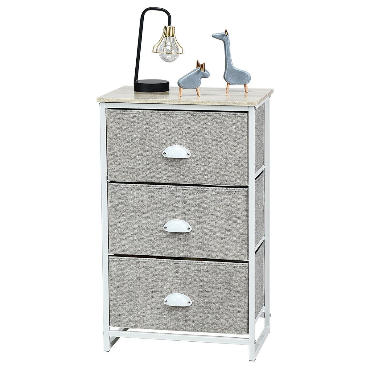 Modern Side Table Nightstand Storage Dresser Chest with 3 Fabric Removable Drawers and Metal Frame
