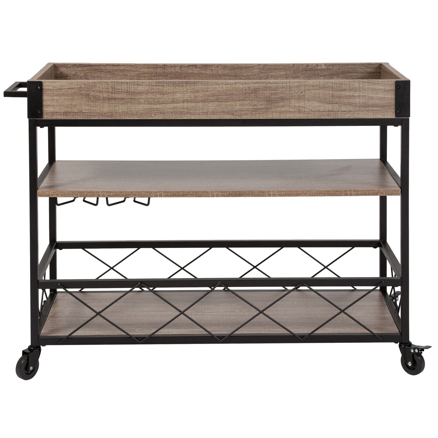 Merrick Lane Brookville Rolling Kitchen Serving and Bar Cart with Shelves and Wine Glass Holders